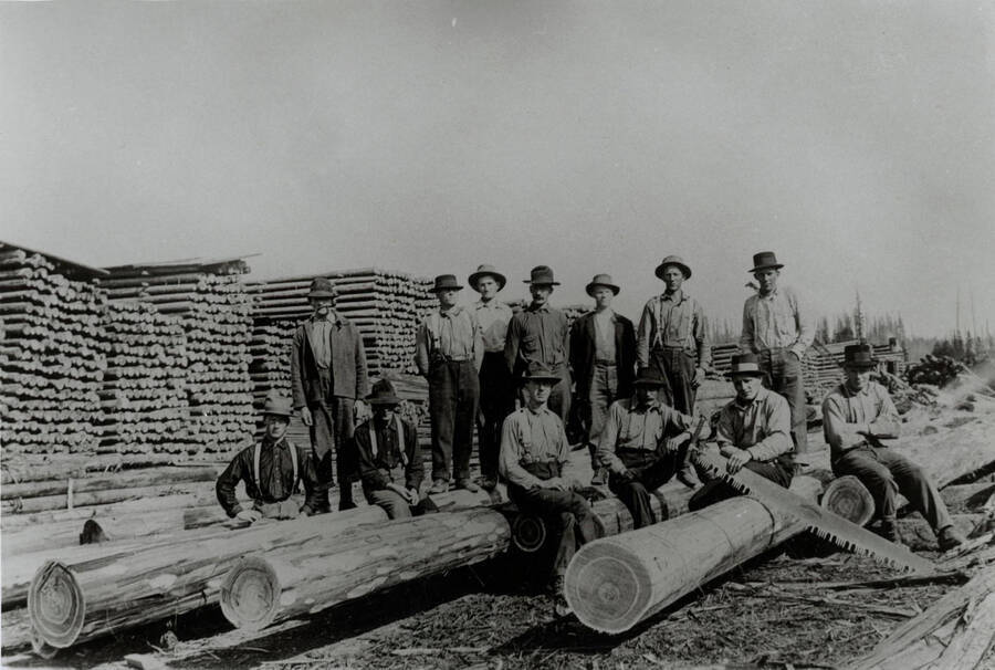 From Trees Grew Tall: 'The men sitting, at rear, are not identified. Standing are Mr. Helstrom, Laughin Mike Stepon, Tony Peterson, Pete Olson, two men not identified, and Jerry Carlin. In front are Arthur Avery, a man identified only as Matt, one not identified, and Harry Long.'
