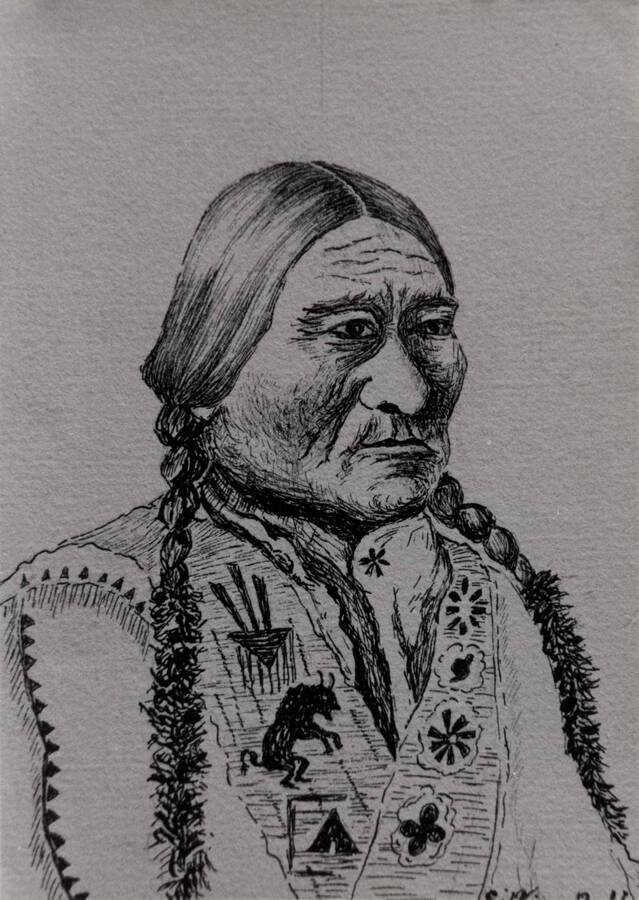 A pen and ink sketch of Sitting Bull done by Charlotte Bovill.