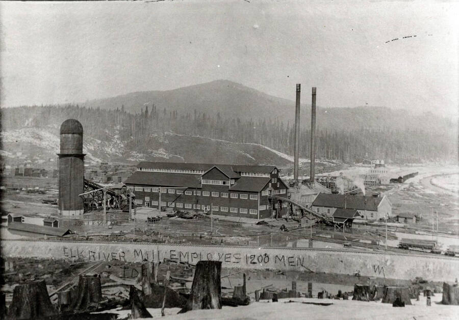 The Potlatch Mill in Elk River, Idaho. The photograph reads, 'Elk River mill employes 1200 men.'