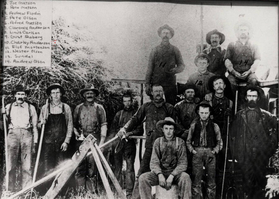 Threshing crew from the ridge area, south of Deary, Idaho, probably Big Bear Ridge. Crew members identified in caption on photo.