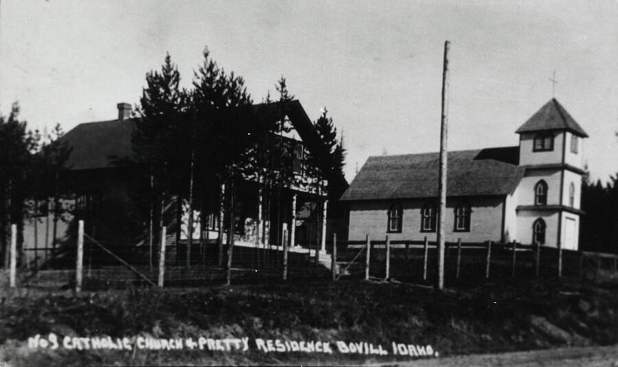The Parker house (left) and Catholic church (right) in Bovill, Idaho.