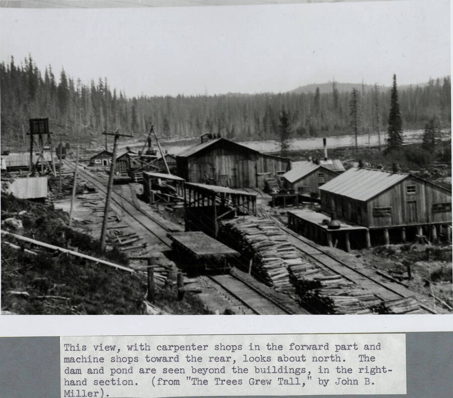Potlatch Lumber Company's Camp 8 near Bovill, Idaho. This view, with carpenter shops in the forward part and machine shops toward the rear, looks about north. The dam and pond are seen beyond the buildings, in the righthand section.
