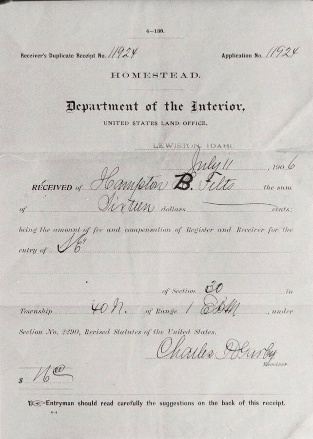 Hampton B. Felts' July 11, 1906 homestead application.