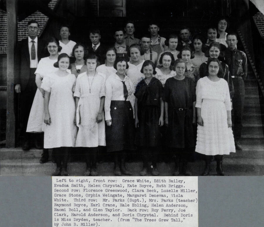 Individuals are indentified in caption: 'Left to right, front row: Grace White, Edith Bailey, Evadna Smith, Helen Chrystal, Kate Boyce, Ruth Briggs. Second row: Florence Greenwood, Clara Beck, Luzelle Miller, Grace Stone, Orphia Weingate, Margaret Denevan, Viola White. Third row: Mw. Parks (Supt.), Mrs. Parks (teacher), Raymond Boyce, Earl Crane, Hale Ebling, Helen Anderson, Naomi Boll, and Glen Taylor. Back row: Roy Perry, Joe Clark, Harold Anderson, and Doris Chrystal. Behind Doris is Miss Dryden, teacher.'