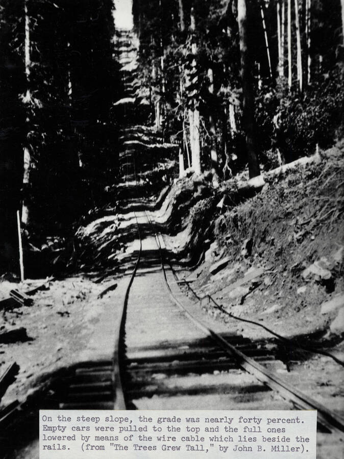 On the steep slope, the grade was nearly forty percent. Empty cars were pulled to the top and the full ones lowered by means of the wire cable which lies beside the rails.