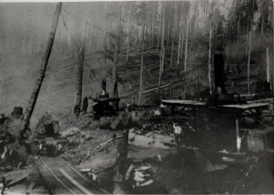 Donkey engines working in the upper basin of Elk Creek, well above Elk River. There is a slanted log boom at the left, but its function and rigging is not entirely clear.