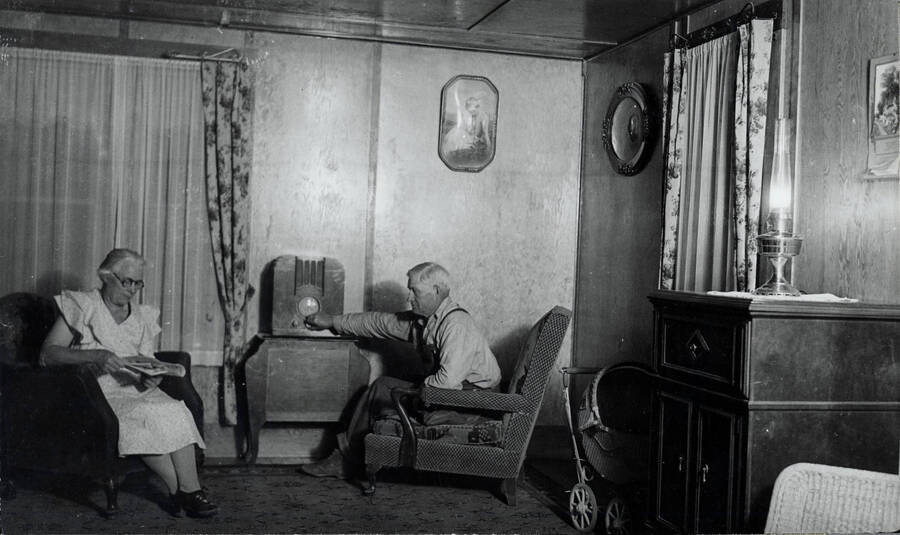 Minnie B. Miller, left, and William S. Miller at their homestead on Little Meadow, east of Bovill, Idaho.