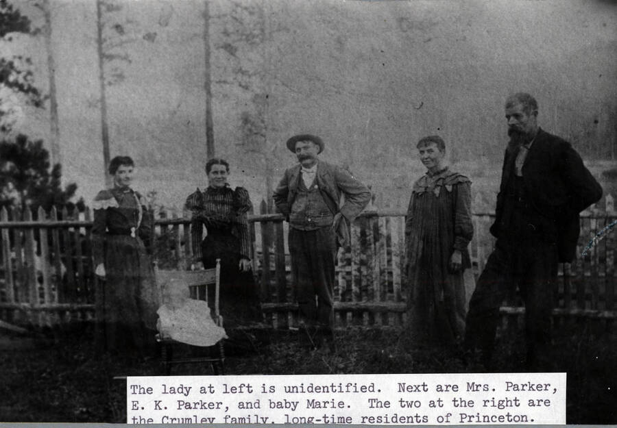 The E.K. Parker family and friends at Princeton, Idaho around 1899. From left to right: unidentified woman, baby Marie, Mrs. Parker, E.K. Parker, and the Crumley family