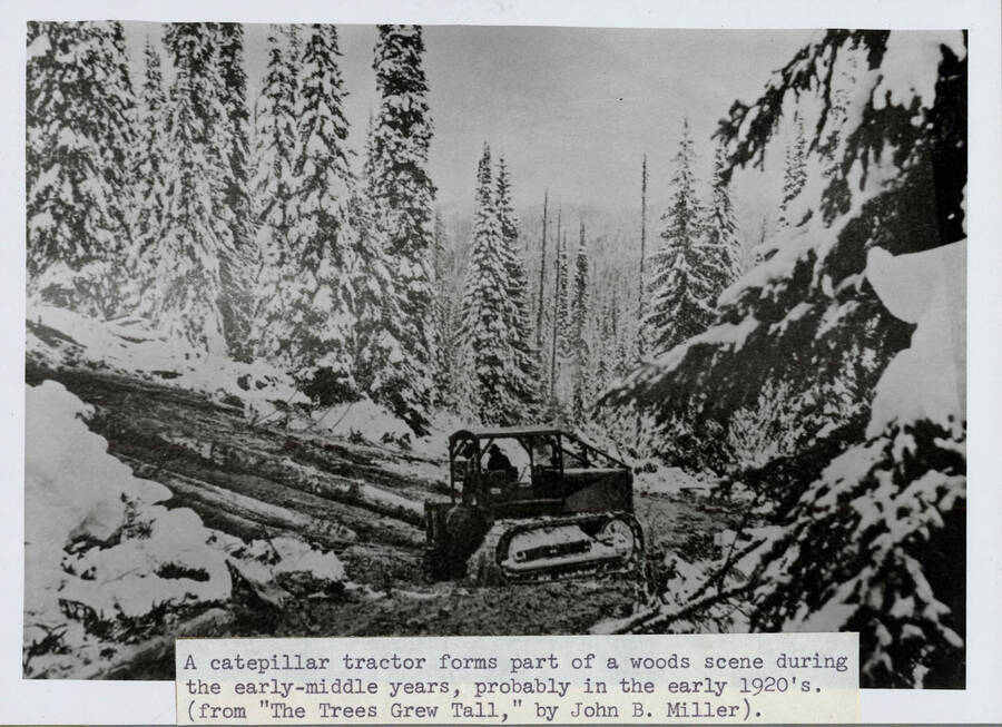 A logger operates a caterpillar tractor in the middle of the snowy woods.
