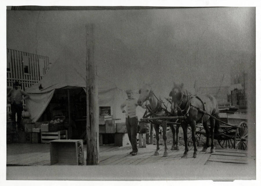 John Groh (standing by horses) operated his first grocery store out of a tent. The man at left is not identified. Beside him are three large squash;  elsewhere are crates of vegetables and melons. In the background at left is the frame of a new building, probably the Gropp store. Dimly seen above the horse's rump is a two-story building once the J.A. Anderson store, which stood at Pine and 1st.