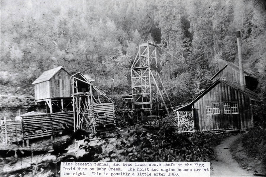 A photograph of King David Mine at Ruby Creek sometime just after 1920. The hoist and engine houses are at the right, the shaft and head frame are to the left.