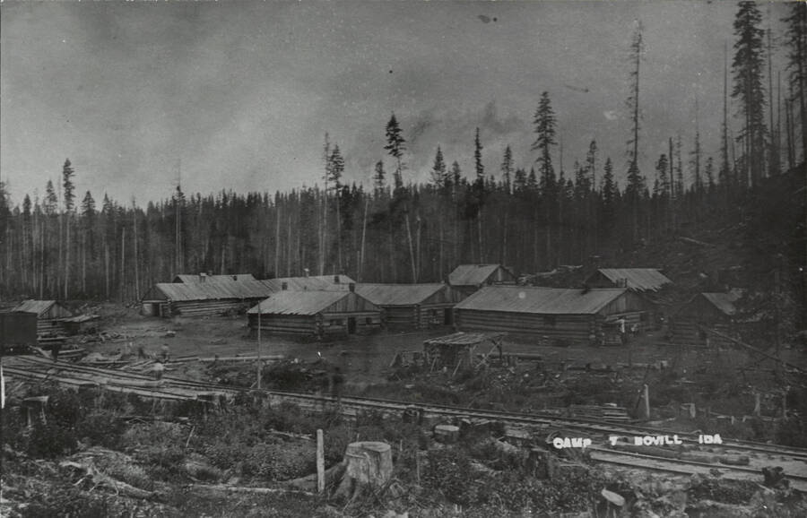 Potlatch Lumber Company's Camp 7 on lower Moose Creek, near Bovill, Idaho. Copy of a photo in 'Potlatch Lumber Company' booklet