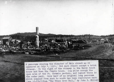 A panorama showing the disaster of Main Street as it appeared on July 4, 1914. Not much stands except a brick chimney. To the right of the chimney is the Harry Roach house and then the Chapin house. Log piles occupy the open area of the St. Germain pasture, and beyond these is the cedar yard. Only half of an original long panorama which scanned from east to south has been reproduced here (see 12-83b).