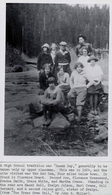 Row one: Florence Grant. Second row, left to right: Florence Greenwood, Evadna Smith, Grace White, Martha Crane. Third row, left to right: Naomi Boll, Evelyn Jolson, Earl Crane, Bill Bernard, and a second Jolson girl, sister to Evelyn.
