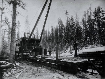A McGiffin log loader. Bill Deary is in the front of the group of people standing on the car. In the center of the car is likely Frank Mallory. Log loaders are also called steam donkeys, or yarders. The housing was a donkey house. The operator is called a donkey puncher.
