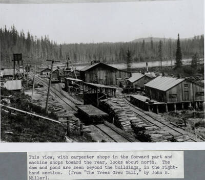 Potlatch Lumber Company's Camp 8 near Bovill, Idaho. This view, with carpenter shops in the forward part and machine shops toward the rear, looks about north. The dam and pond are seen beyond the buildings, in the right hand section.