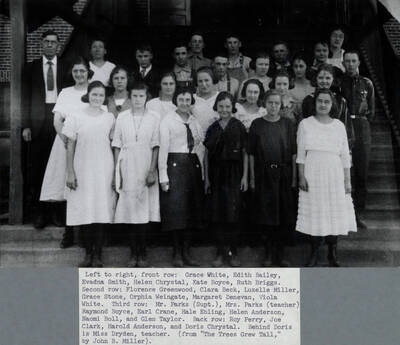Individuals are identified in caption: 'Left to right, front row: Grace White, Edith Bailey, Evadna Smith, Helen Chrystal, Kate Boyce, Ruth Briggs. Second row: Florence Greenwood, Clara Beck, Luzelle Miller, Grace Stone, Orphia Weingate, Margaret Denevan, Viola White. Third row: Mw. Parks (Supt.), Mrs. Parks (teacher), Raymond Boyce, Earl Crane, Hale Ebling, Helen Anderson, Naomi Boll, and Glen Taylor. Back row: Roy Perry, Joe Clark, Harold Anderson, and Doris Chrystal. Behind Doris is Miss Dryden, teacher.'