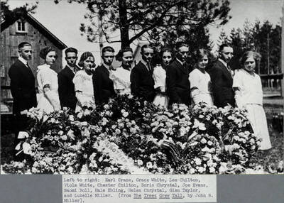 At Harley Benscotter's funeral. Left to right: Earl Crane, Grace White, Lee Chilton, Viola White, Chester Chilton, Doris Chrystal, Joe Evans, Naomi Boll, Hale Ebling, Helen Chrystal, Glen Taylor, Luzelle Miller.