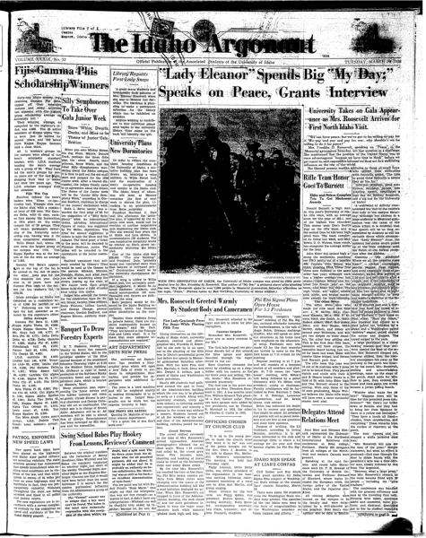 Pacific coast conference meet (pg 3, c1) | Photo (pg 1, c4) | Photo (pg 14, c3) | Roosevelt, Eleanor (pg 1, c8) | U of I vs. Washington State College, Whitman, Spokane (pg 3, c4) | University of Idaho vs. Washington State College (pg 3, c7)