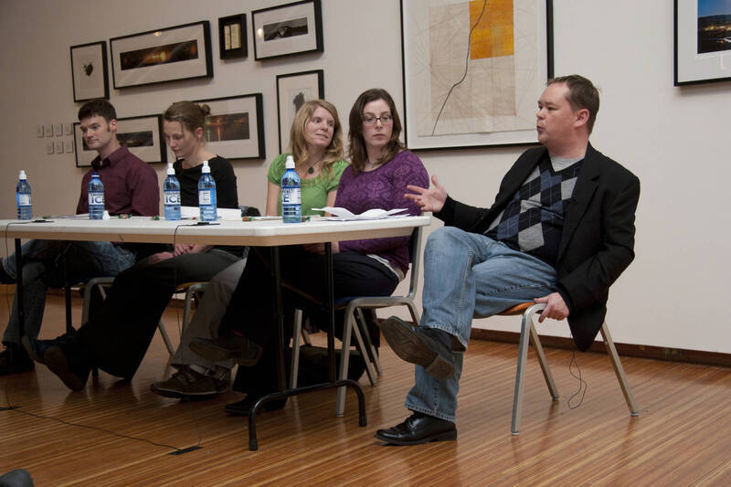 Photograph  3 of Brandon Schrand and MFA Creative Writing Students' Essay Reading 'The Unique and Universal in the Personal Essay: Graduate Student Readings.'  Brandon Schrand is an Assistant Professor of English. Pictured L to R: Aaron Poor, Jamaica Ritcher, Cara Stoddard, Ann Stebner Steele, Brandon Schrand in University of Idaho Prichard Gallery.