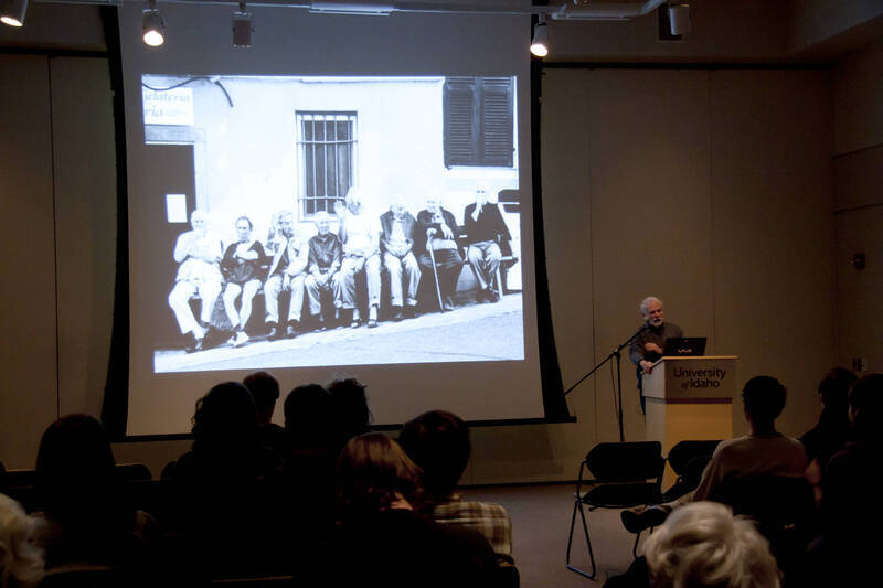 Photograph  6 of Bill Voxman's Colloquium Talk and Gallery Exhibition 'Communicating Communication through Black and White Photography: Connecting the Diverse with the Shared in Common.' Bill Voxman is Photographer and Professor Emeritus of Mathematics. Voxman's photographs were displayed in the UI Commons Reflections Gallery from January 9 to 27, 2012. Pictured: Bill Voxman.