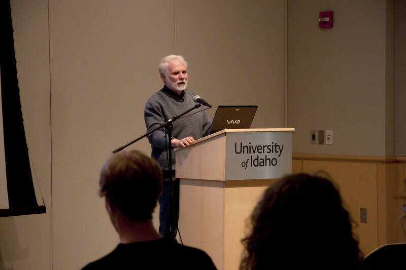 Photograph  7 of Bill Voxman's Colloquium Talk and Gallery Exhibition 'Communicating Communication through Black and White Photography: Connecting the Diverse with the Shared in Common.' Bill Voxman is Photographer and Professor Emeritus of Mathematics. Voxman's photographs were displayed in the UI Commons Reflections Gallery from January 9 to 27, 2012. Pictured: Bill Voxman.
