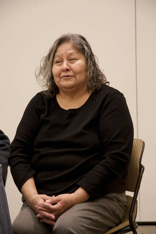 Photograph  1 of Moderator Janis Johnson with Loretta Halfmoon, Shirley McCormack, and Silas Whitman (descendents of Nez Perce musicians)'s Discussion 'A Discussion with Nez Perce Jazz Musicians.' Janis Johnson is Assistant Professor of English. Pictured: Shirley McCormack.