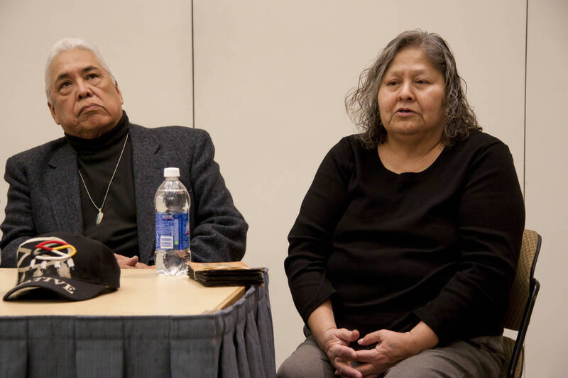 Photograph  2 of Moderator Janis Johnson with Loretta Halfmoon, Shirley McCormack, and Silas Whitman (descendents of Nez Perce musicians)'s Discussion 'A Discussion with Nez Perce Jazz Musicians.' Janis Johnson is Assistant Professor of English. Pictured L to R: Silas Whitman and Shirley McCormack.