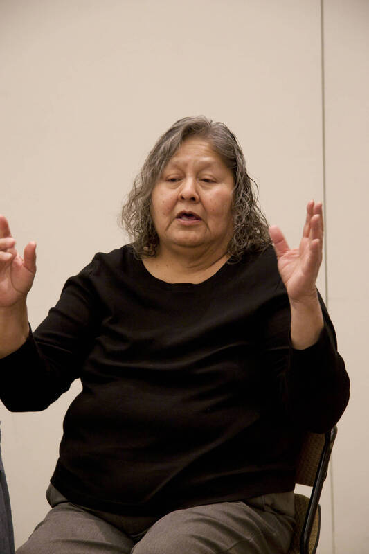 Photograph  3 of Moderator Janis Johnson with Loretta Halfmoon, Shirley McCormack, and Silas Whitman (descendents of Nez Perce musicians)'s Discussion 'A Discussion with Nez Perce Jazz Musicians.' Janis Johnson is Assistant Professor of English. Pictured:  Shirley McCormack.