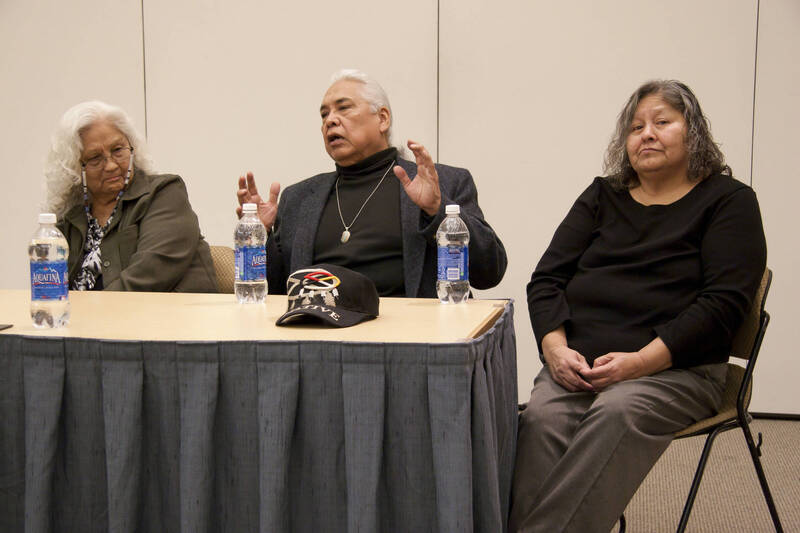 Photograph  5 of Moderator Janis Johnson with Loretta Halfmoon, Shirley McCormack, and Silas Whitman (descendents of Nez Perce musicians)'s Discussion 'A Discussion with Nez Perce Jazz Musicians.' Janis Johnson is Assistant Professor of English. Pictured L to R: Loretta Halfmoon, Silas Whitman, and  Shirley McCormack.