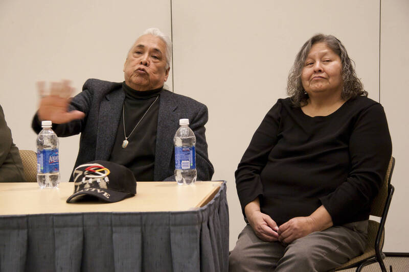 Photograph  7 of Moderator Janis Johnson with Loretta Halfmoon, Shirley McCormack, and Silas Whitman (descendents of Nez Perce musicians)'s Discussion 'A Discussion with Nez Perce Jazz Musicians.' Janis Johnson is Assistant Professor of English. Pictured L to R: Silas Whitman and Shirley McCormack.