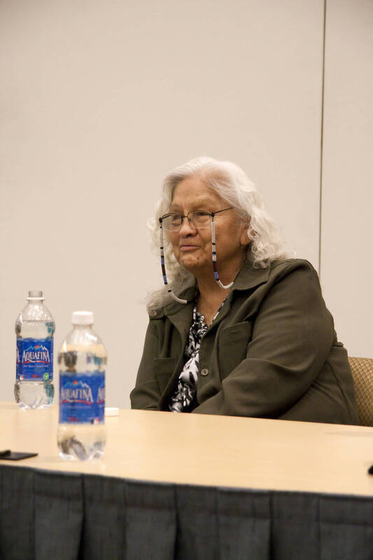 Photograph  9 of Moderator Janis Johnson with Loretta Halfmoon, Shirley McCormack, and Silas Whitman (descendents of Nez Perce musicians)'s Discussion 'A Discussion with Nez Perce Jazz Musicians.' Janis Johnson is Assistant Professor of English. Pictured: Loretta Halfmoon.