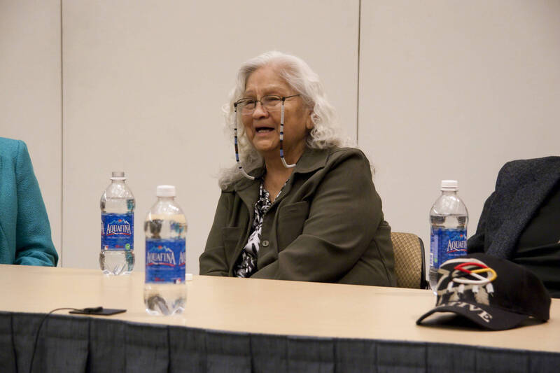 Photograph  10 of Moderator Janis Johnson with Loretta Halfmoon, Shirley McCormack, and Silas Whitman (descendents of Nez Perce musicians)'s Discussion 'A Discussion with Nez Perce Jazz Musicians.' Janis Johnson is Assistant Professor of English. Pictured: Loretta Halfmoon.