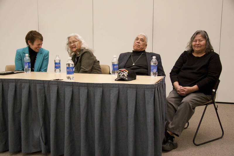 Photograph  12 of Moderator Janis Johnson with Loretta Halfmoon, Shirley McCormack, and Silas Whitman (descendents of Nez Perce musicians)'s Discussion 'A Discussion with Nez Perce Jazz Musicians.' Janis Johnson is Assistant Professor of English. Pictured L to R: Janis Johnson, Loretta Halfmoon, Silas Whitman, and Shirley McCormack.