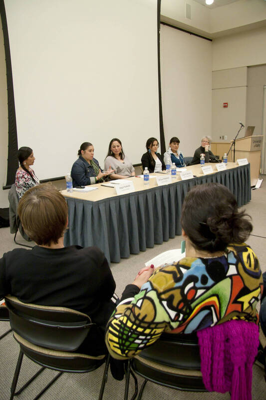 Photograph  8 of Georgia Johnson and graduate students Angel Sobotta, D'Lisa Pinkham, Lynn M. Becerra, Maria Isabel Morales, and Renee Holt's Panel Presentation 'Turning of the Wheel: an Indigenous Woman's Perspective.' Panelists are from Georgia Johnson (Associate Professor of Education)'s 'Indigenous Knowledge and Research Models in Education' course. Pictured L to R: Sobotta (UI), Pinkham (UI), Becerra (WSU), Morales (WSU), Holt (WSU), and Johnson.