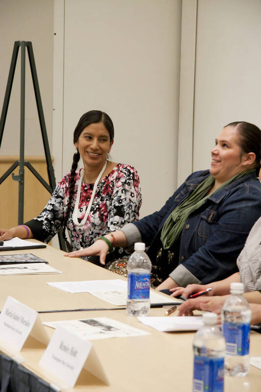 Photograph  9 of Georgia Johnson and graduate students Angel Sobotta, D'Lisa Pinkham, Lynn M. Becerra, Maria Isabel Morales, and Renee Holt's Panel Presentation 'Turning of the Wheel: an Indigenous Woman's Perspective.' Panelists are from Georgia Johnson (Associate Professor of Education)'s 'Indigenous Knowledge and Research Models in Education' course. Pictured L to R: Angel Sobotta (UI) and D'Lisa Pinkham (UI).