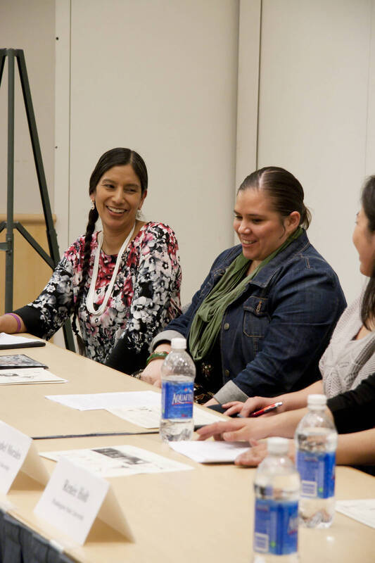 Photograph  10 of Georgia Johnson and graduate students Angel Sobotta, D'Lisa Pinkham, Lynn M. Becerra, Maria Isabel Morales, and Renee Holt's Panel Presentation 'Turning of the Wheel: an Indigenous Woman's Perspective.' Panelists are from Georgia Johnson (Associate Professor of Education)'s 'Indigenous Knowledge and Research Models in Education' course. Pictured L to R: Angel Sobotta (UI) and D'Lisa Pinkham (UI).