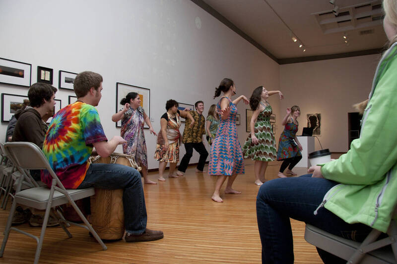 Photograph  10 of Barry Bilderback's Workshop and Performance 'Akwaaba and the Organization of Traditional Music and Dance in Ghanaian Culture.' Barry Bilderback is Assistant Professor of Music. Navin Chettri and World Beat were partners for the performance. Pictured: Performers at UI Prichard Gallery.