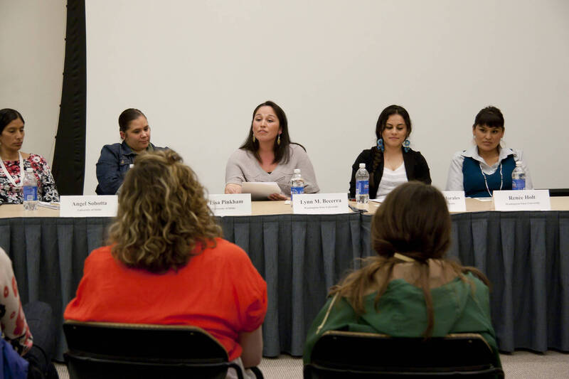 Photograph  11 of Georgia Johnson and graduate students Angel Sobotta, D'Lisa Pinkham, Lynn M. Becerra, Maria Isabel Morales, and Renee Holt's Panel Presentation 'Turning of the Wheel: an Indigenous Woman's Perspective.' Panelists are from Georgia Johnson (Associate Professor of Education)'s 'Indigenous Knowledge and Research Models in Education' course. Pictured L to R: Sobotta (UI), Pinkham (UI), Becerra (WSU), Morales (WSU), and Holt (WSU).