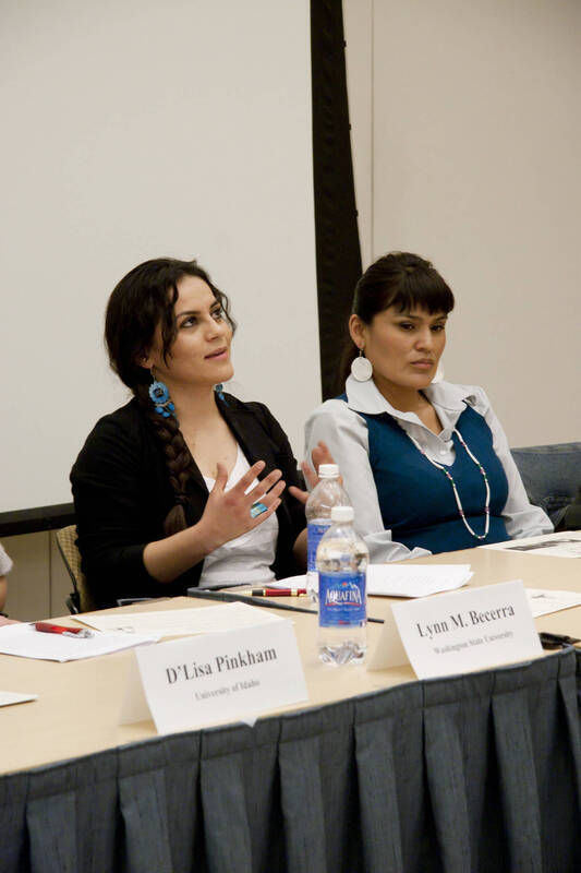 Photograph  13 of Georgia Johnson and graduate students Angel Sobotta, D'Lisa Pinkham, Lynn M. Becerra, Maria Isabel Morales, and Renee Holt's Panel Presentation 'Turning of the Wheel: an Indigenous Woman's Perspective.' Panelists are from Georgia Johnson (Associate Professor of Education)'s 'Indigenous Knowledge and Research Models in Education' course. Pictured L to R: Maria Isabel Morales (WSU) and Renee Holt (WSU).