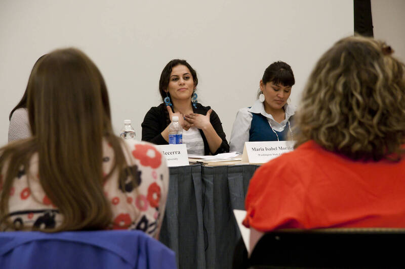 Photograph  14 of Georgia Johnson and graduate students Angel Sobotta, D'Lisa Pinkham, Lynn M. Becerra, Maria Isabel Morales, and Renee Holt's Panel Presentation 'Turning of the Wheel: an Indigenous Woman's Perspective.' Panelists are from Georgia Johnson (Associate Professor of Education)'s 'Indigenous Knowledge and Research Models in Education' course. Pictured L to R: Maria Isabel Morales (WSU) and Renee Holt (WSU).