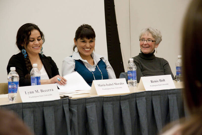 Photograph  15 of Georgia Johnson and graduate students Angel Sobotta, D'Lisa Pinkham, Lynn M. Becerra, Maria Isabel Morales, and Renee Holt's Panel Presentation 'Turning of the Wheel: an Indigenous Woman's Perspective.' Panelists are from Georgia Johnson (Associate Professor of Education)'s 'Indigenous Knowledge and Research Models in Education' course. Pictured L to R: Maria Isabel Morales (WSU), Renee Holt (WSU), and Georgia Johnson .
