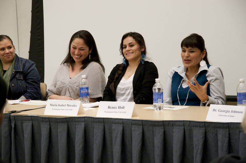 Photograph  17 of Georgia Johnson and graduate students Angel Sobotta, D'Lisa Pinkham, Lynn M. Becerra, Maria Isabel Morales, and Renee Holt's Panel Presentation 'Turning of the Wheel: an Indigenous Woman's Perspective.' Panelists are from Georgia Johnson (Associate Professor of Education)'s 'Indigenous Knowledge and Research Models in Education' course. Pictured L to R: Pinkham (UI), Becerra (WSU), Morales (WSU), and Holt (WSU).