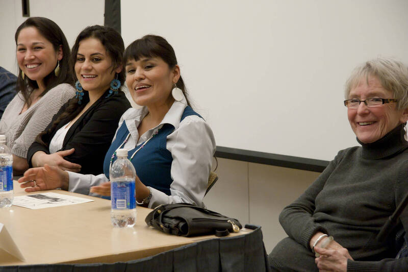 Photograph  18 of Georgia Johnson and graduate students Angel Sobotta, D'Lisa Pinkham, Lynn M. Becerra, Maria Isabel Morales, and Renee Holt's Panel Presentation 'Turning of the Wheel: an Indigenous Woman's Perspective.' Panelists are from Georgia Johnson (Associate Professor of Education)'s 'Indigenous Knowledge and Research Models in Education' course. Pictured L to R: Becerra (WSU), Morales (WSU), Holt (WSU), and Georgia Johnson.
