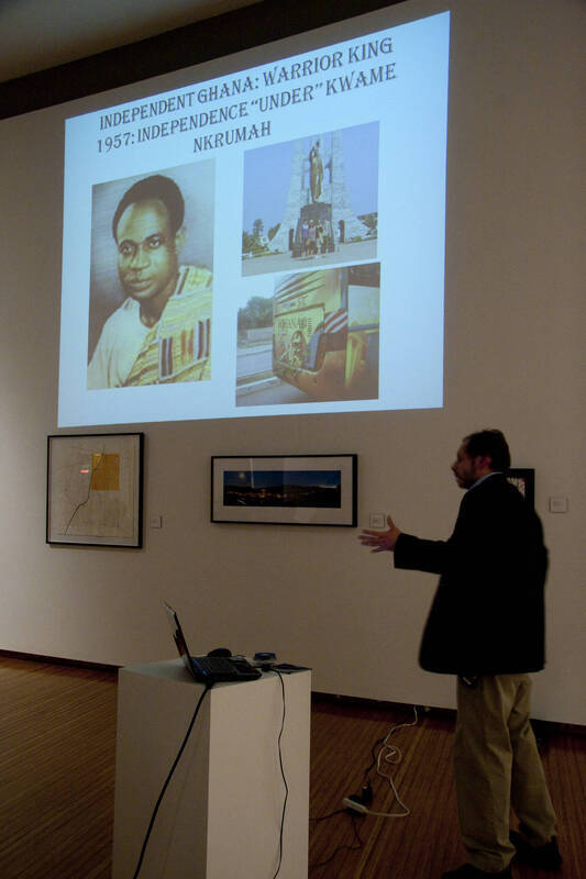Photograph  11 of Barry Bilderback's Workshop and Performance 'Akwaaba and the Organization of Traditional Music and Dance in Ghanaian Culture.' Barry Bilderback is Assistant Professor of Music. Navin Chettri and World Beat were partners for the performance. Pictured: Barry Bilderback at UI Prichard Gallery.