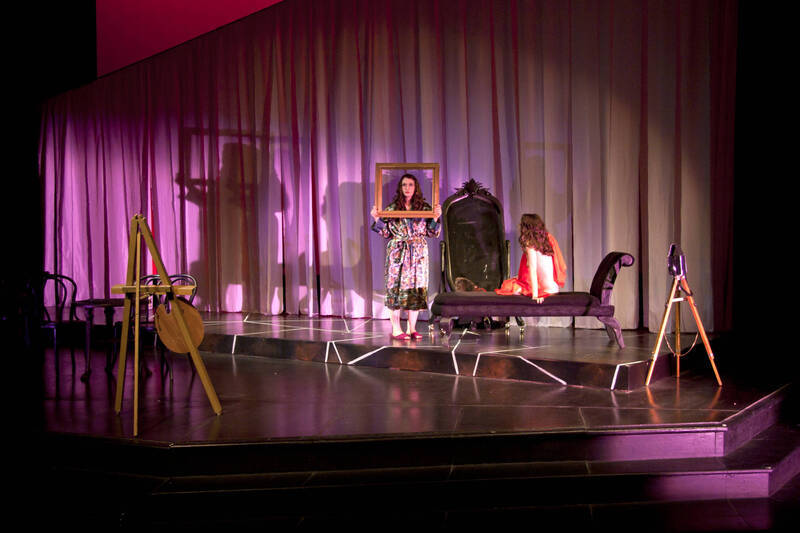 Photograph  19 of Robert Caisley and Lauren 'Lojo' Simon's Performance 'Adoration of Dora: a Play with Text and Images.' Robert Caisley, Associate Professor of Theatre Arts and Head of Dramatic Writing, directed the play. Lauren 'Lojo' Simon, MFA graduate student, wrote the play. Pictured: Cast members perform at dress rehearsal, University of Idaho Hartung Theater.