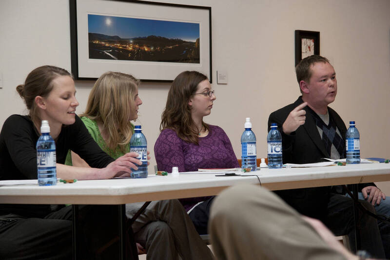 Photograph  19 of Brandon Schrand and MFA Creative Writing Students' Essay Reading 'The Unique and Universal in the Personal Essay: Graduate Student Readings.'  Brandon Schrand is an Assistant Professor of English. Pictured L to R: Aaron Poor, Jamaica Ritcher, Cara Stoddard, Ann Stebner Steele, Brandon Schrand in University of Idaho Prichard Gallery.