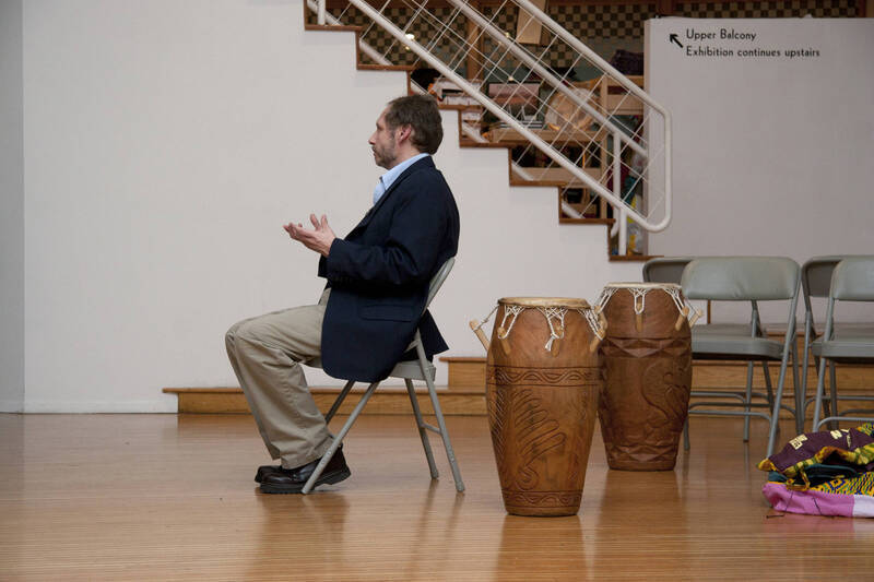Photograph  15 of Barry Bilderback's Workshop and Performance 'Akwaaba and the Organization of Traditional Music and Dance in Ghanaian Culture.' Barry Bilderback is Assistant Professor of Music. Navin Chettri and World Beat were partners for the performance. Pictured: Barry Bilderback at UI Prichard Gallery.