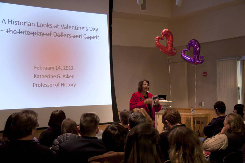 Photograph  5 of Katherine Aiken's Colloquium Talk 'A Historian Looks at Valentine's Day.' Katherine Aiken is Dean, College of Letters, Arts & Social Sciences, and Professor of History. Pictured: Katherine Aiken.