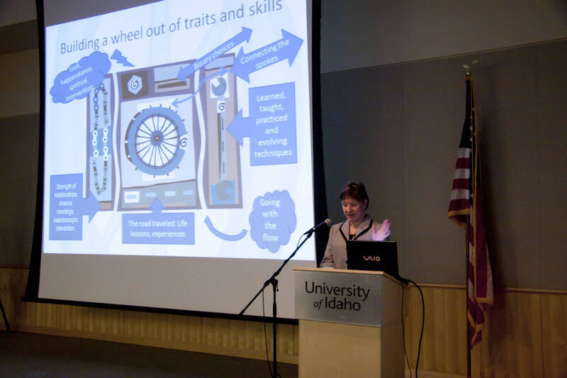 Photograph  4 of Nancy Chaney's Colloquium Talk 'Adventures of time and space travel aboard an amazing machine: The wheel as political metaphor..' Nancy Chaney is an alumnus of University of Idaho and Mayor of Moscow. Pictured: Nancy Chaney.